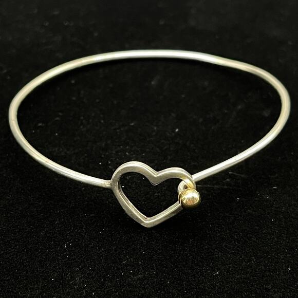 Sterling Silver 925 & 14K Heart Hook Bangle Bracelet Size 6.5" Dainty Minimalist - Picture 1 of 8